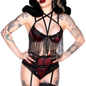 Killstar She's Poison Wine Red Strappy Cage Lace Fringe Bra 2XL XXL Goth Gothic